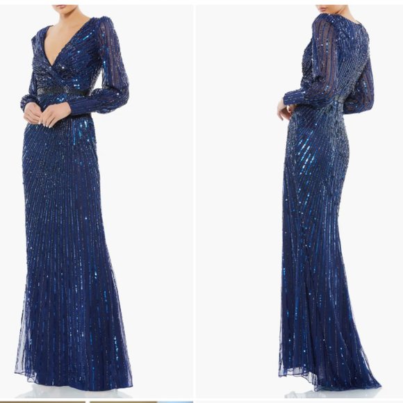MAC DUGGAL 5501 SEQUIN WRAP OVER  BISHOP SLEEVE MIDNIGHT NAVY sz 12 - Picture 1 of 3